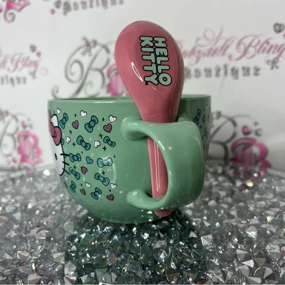 Hello Kitty mug cup with spoon matching attached Green Mug with Pink Spoon